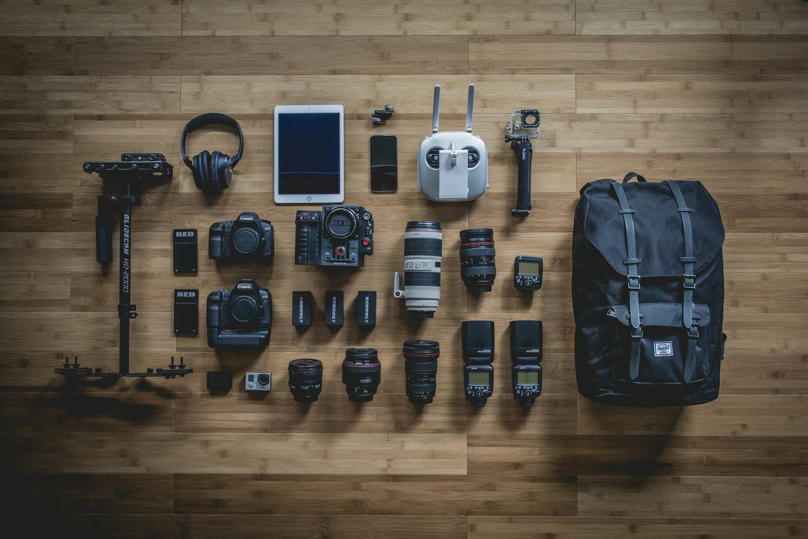Professional camera equipment prepared for a photo and video production